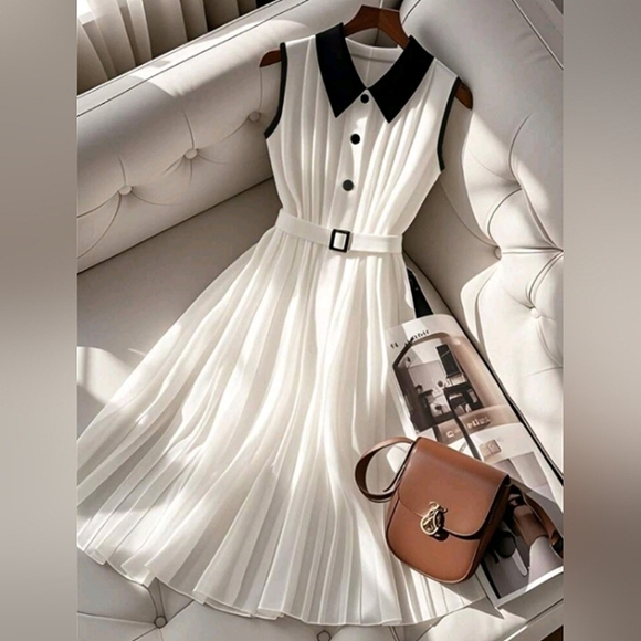 Women's Elegant Commuter Contrast Color Collar Sleeveless Pleated Dress - Picture 1 of 4